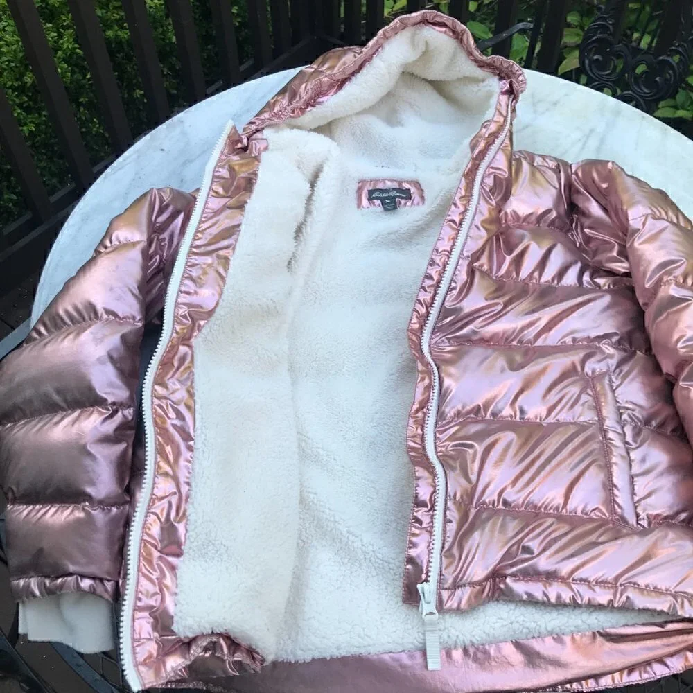 Eddie Bauer Girls Classic Down Hooded Metallic Puffer Jacket Size L (14)